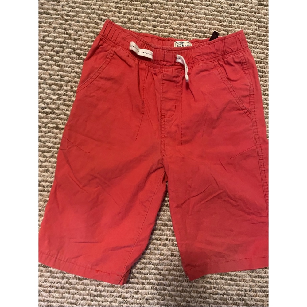 Boys Size 10 red, drawstring khaki shorts in hood, clean, preowned condition